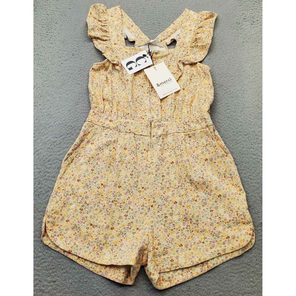 &merci En Merci Romper Womens M Yellow Floral Lined Flutter Sleeve Zip Front